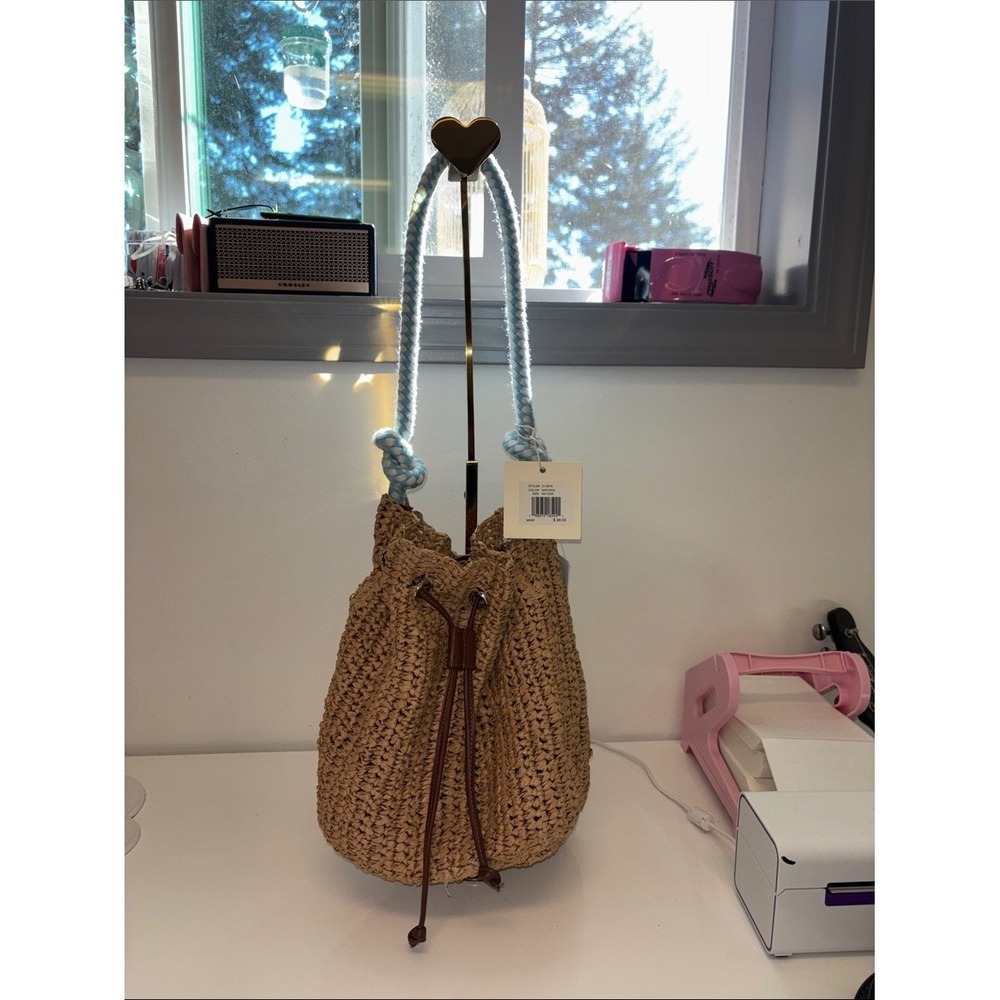 Straw Drawstring Bucket Bag with Light Blue Rope Handle NWT NEW Sol and Mer - Picture 2 of 11